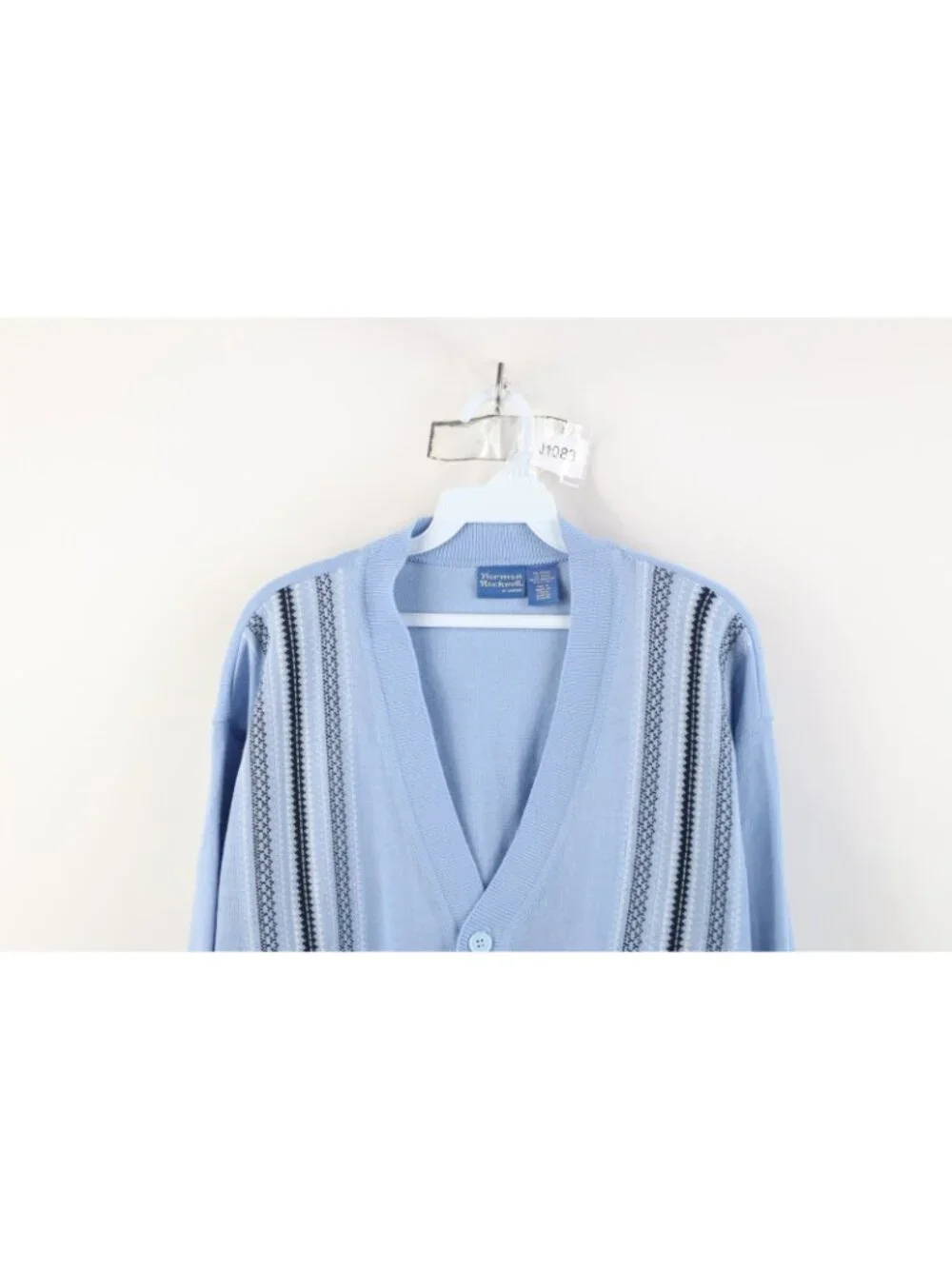 Vintage 90s Streetwear Mens Large Fair Isle Knit Cardigan Sweater Carolina Blue